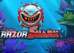 Animated shark character from Razor Shark slot game, underwater scene.