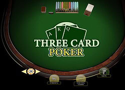 Three Card Poker game table with cards, chips, and betting options for online ca.